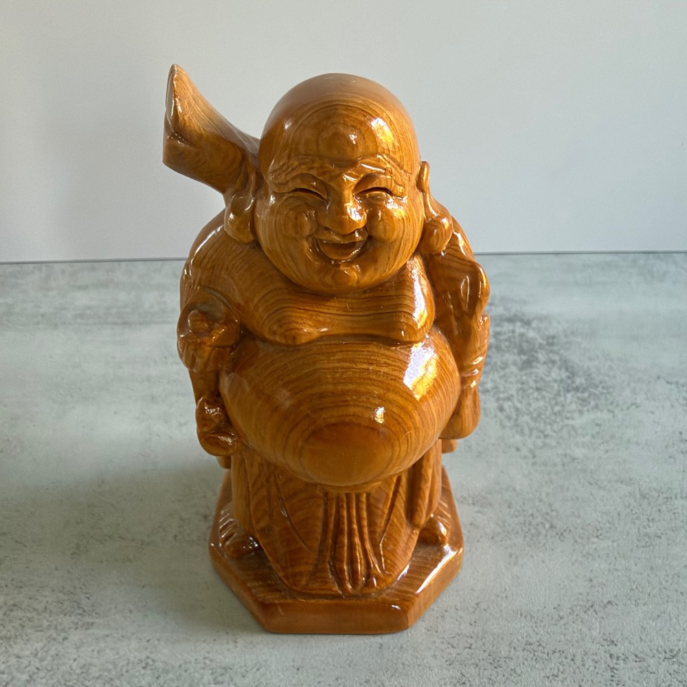 Vintage Hand Carved Wood Laughing Buddha Hotei Statue Glossy Finish 4.5 Inch